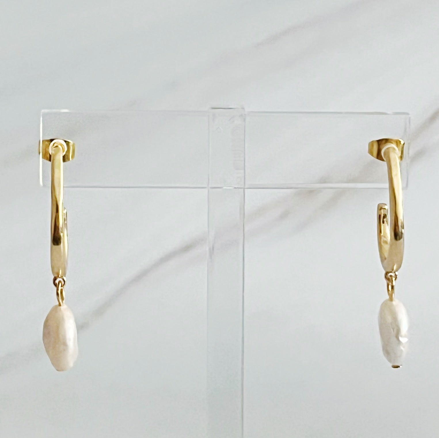 Fuchsia Hercules gold hoop earrings with dangle pearl accents, jewelry and watches collection, stylish and elegant accessory