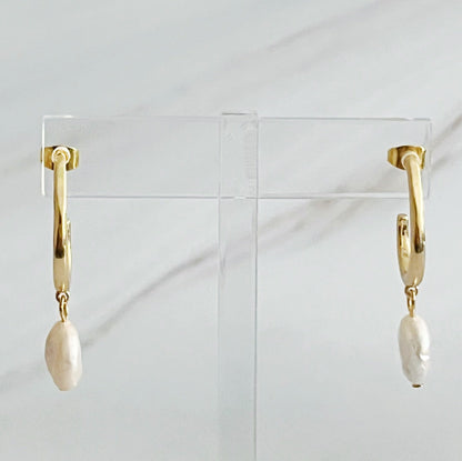 Fuchsia Hercules gold hoop earrings with dangle pearl accents, jewelry and watches collection, stylish and elegant accessory