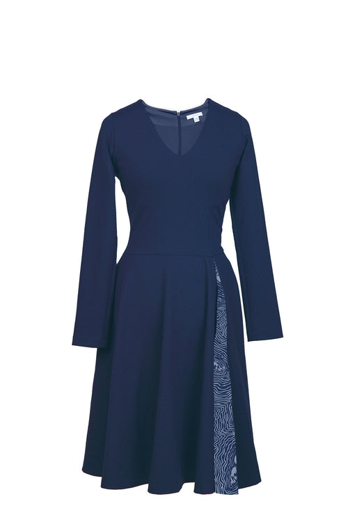 Salmon Bella blue swing dress with short sleeves and round neckline, displayed on a hanger against a neutral background.