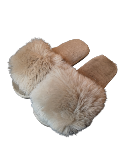 Open toe fluffy camel slider slippers for women by Azure Theseus, featuring soft plush material and comfortable slip-on design.