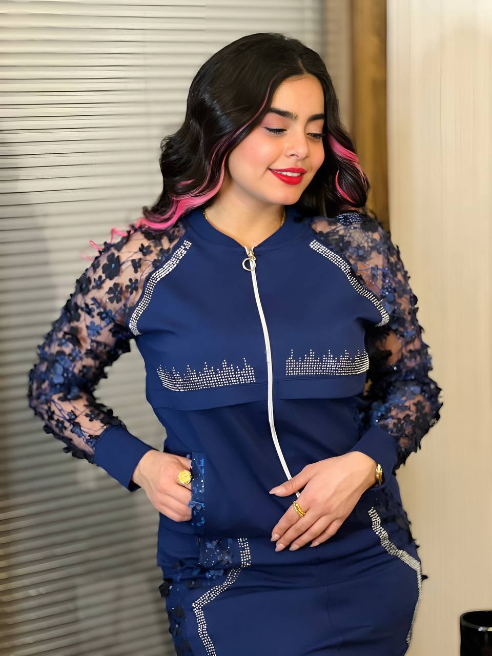 Transparent two-piece jacket and skirt set for women by Copper Poplar, featuring lightweight, sheer fabric and modern style.