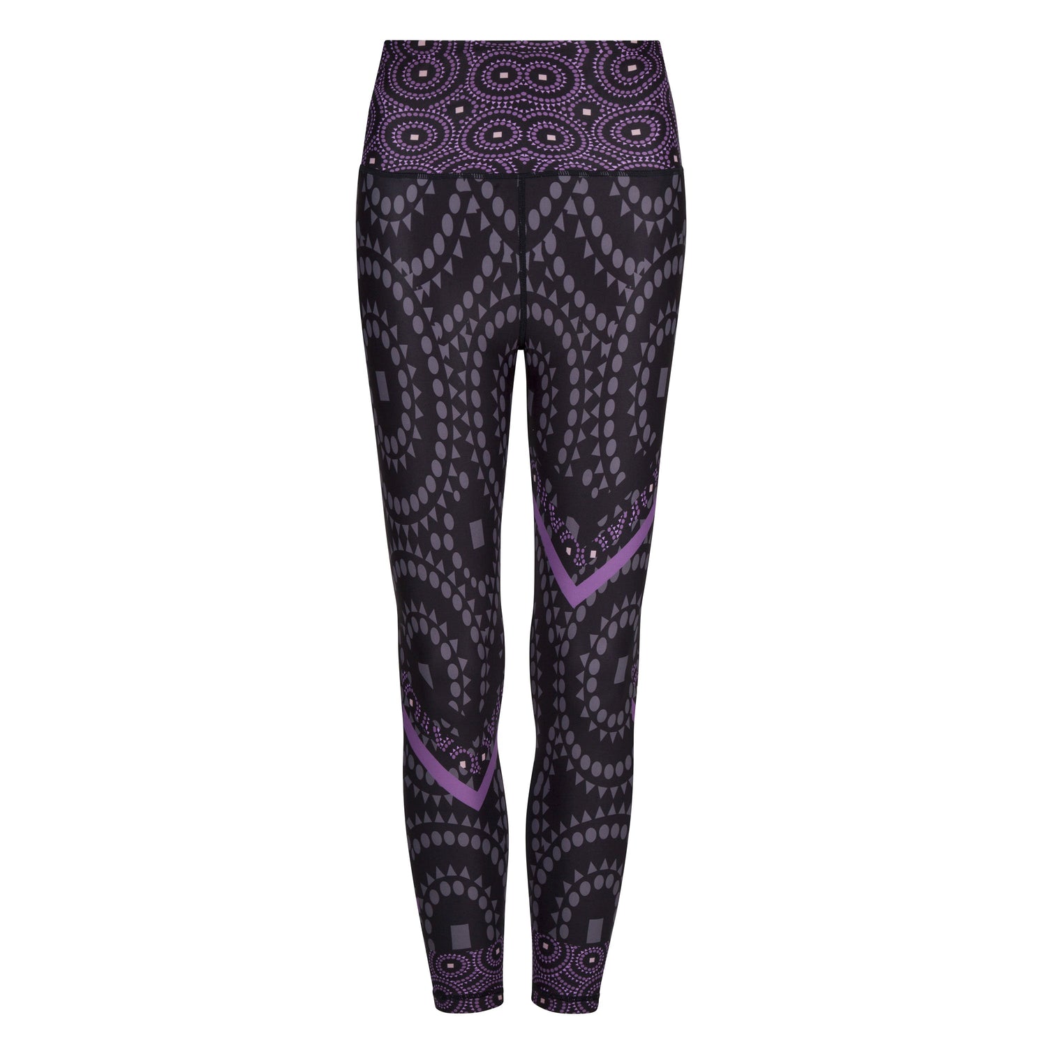 White Oliver Signature On Purple Splash activewear leggings without pockets, featuring vibrant purple splash design on stretchy fabric.
