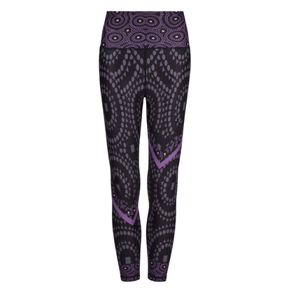 White Oliver Signature On Purple Splash activewear leggings without pockets, featuring vibrant purple splash design on stretchy fabric.