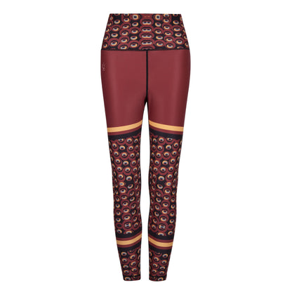 White Oliver Siefay On Iron Red Funky Activewear Leggings with bold red and black abstract pattern, close-up view of fabric and design.