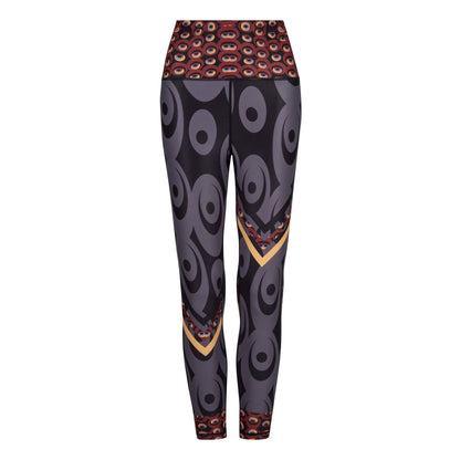 White Oliver Siefay On Iron Red Splash activewear leggings with bold red and black design, close-up view of the fabric and pattern.