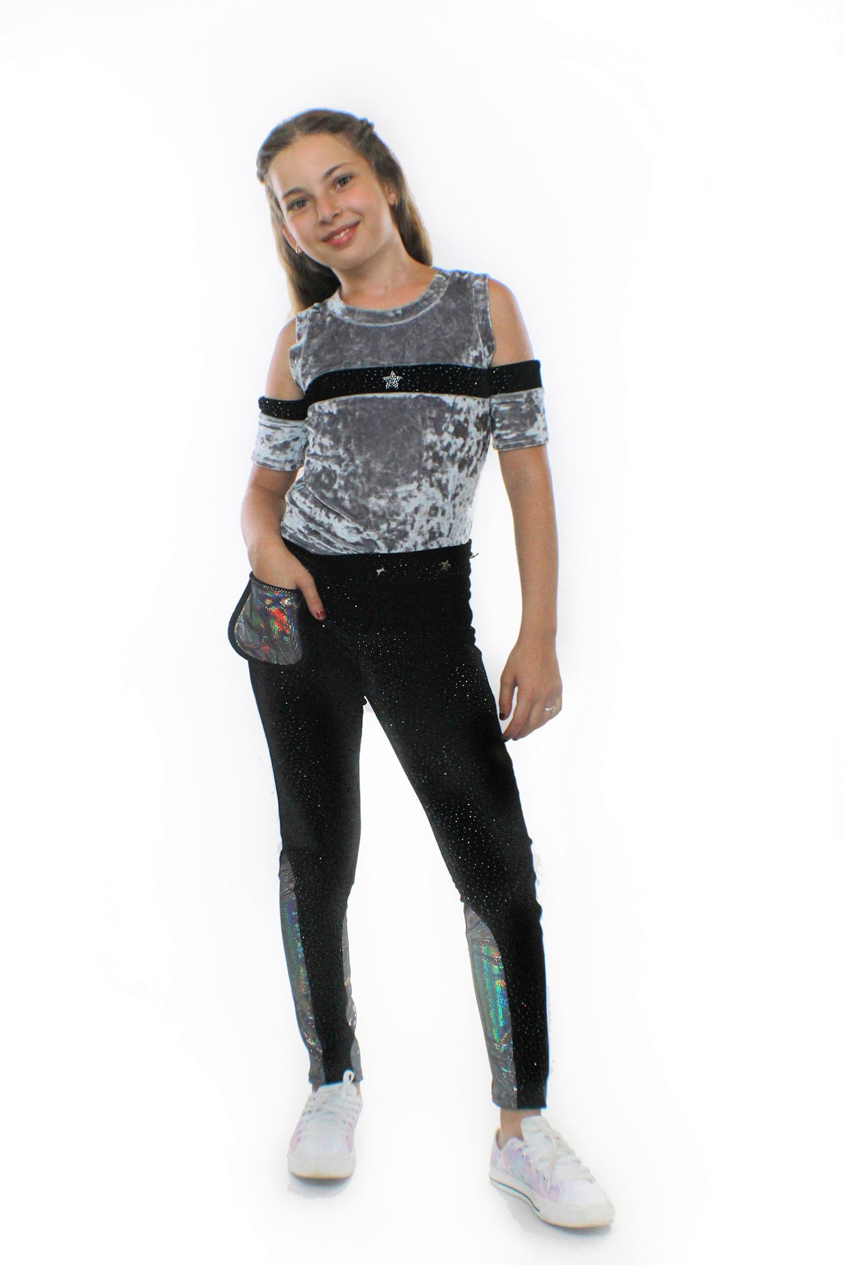 Sky Blue Beech Ori Kids Pants with Pocketwist™ in glitter stretch velvet, featuring a sleek design and a stylish pocket detail.
