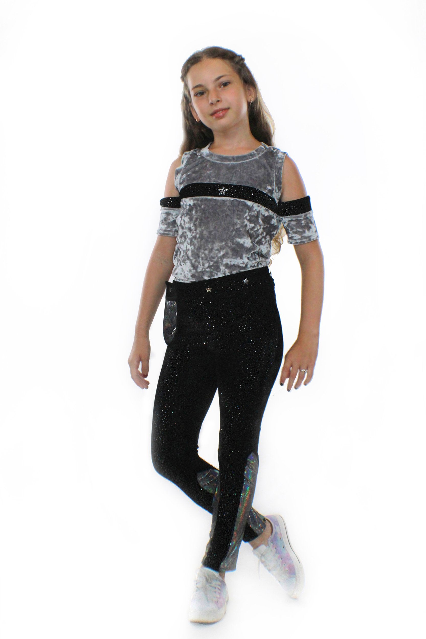 Kids Ori Pants by Sky Blue Beech featuring Pocketwist™ glitter stretch velvet with a sleek, stylish design for kids and babies.