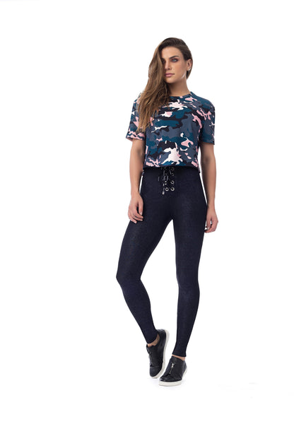Red Medusa Daisy Camo Crop Top, activewear top with a vibrant camo pattern, shown on a mannequin.