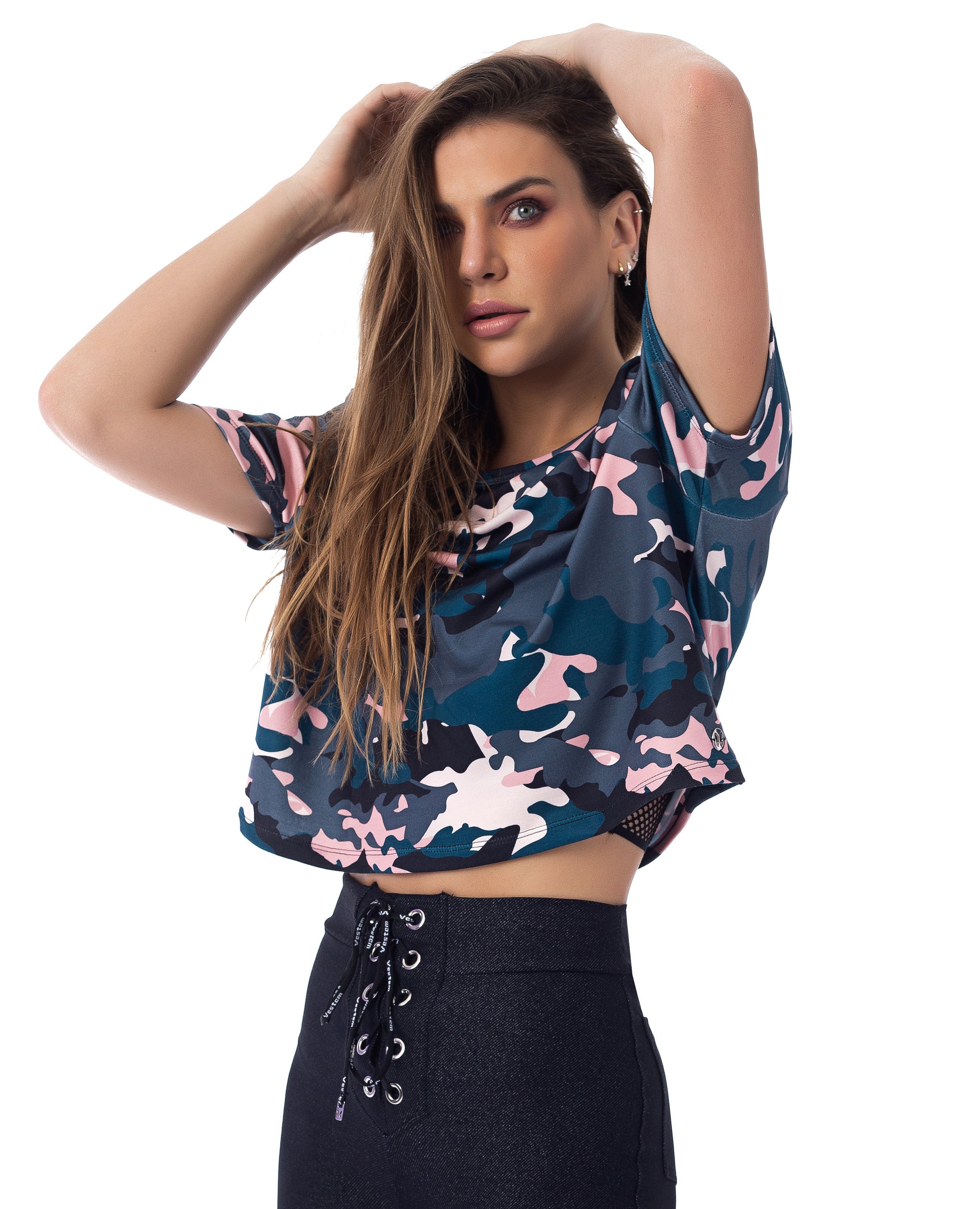 Red Medusa Daisy Camo Crop Top, stylish activewear with a floral camouflage pattern, shown on a model.