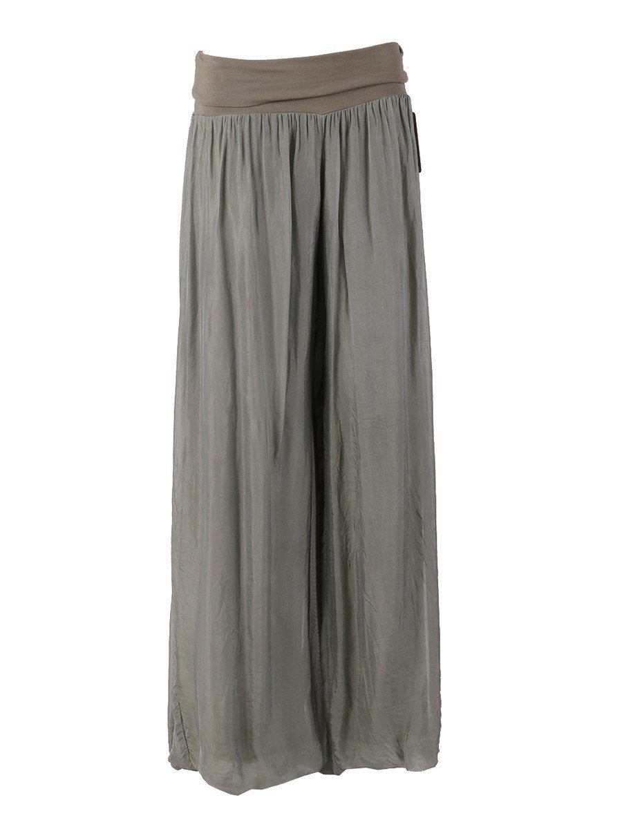 Violet Medea Olive Donna Italian silk palazzo pants with wide-leg design, showcasing luxurious fabric and elegant style.