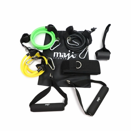 Black Lavender Maji Sports full-body resistance training workout tube kit with multiple color-coded resistance bands on a white background.