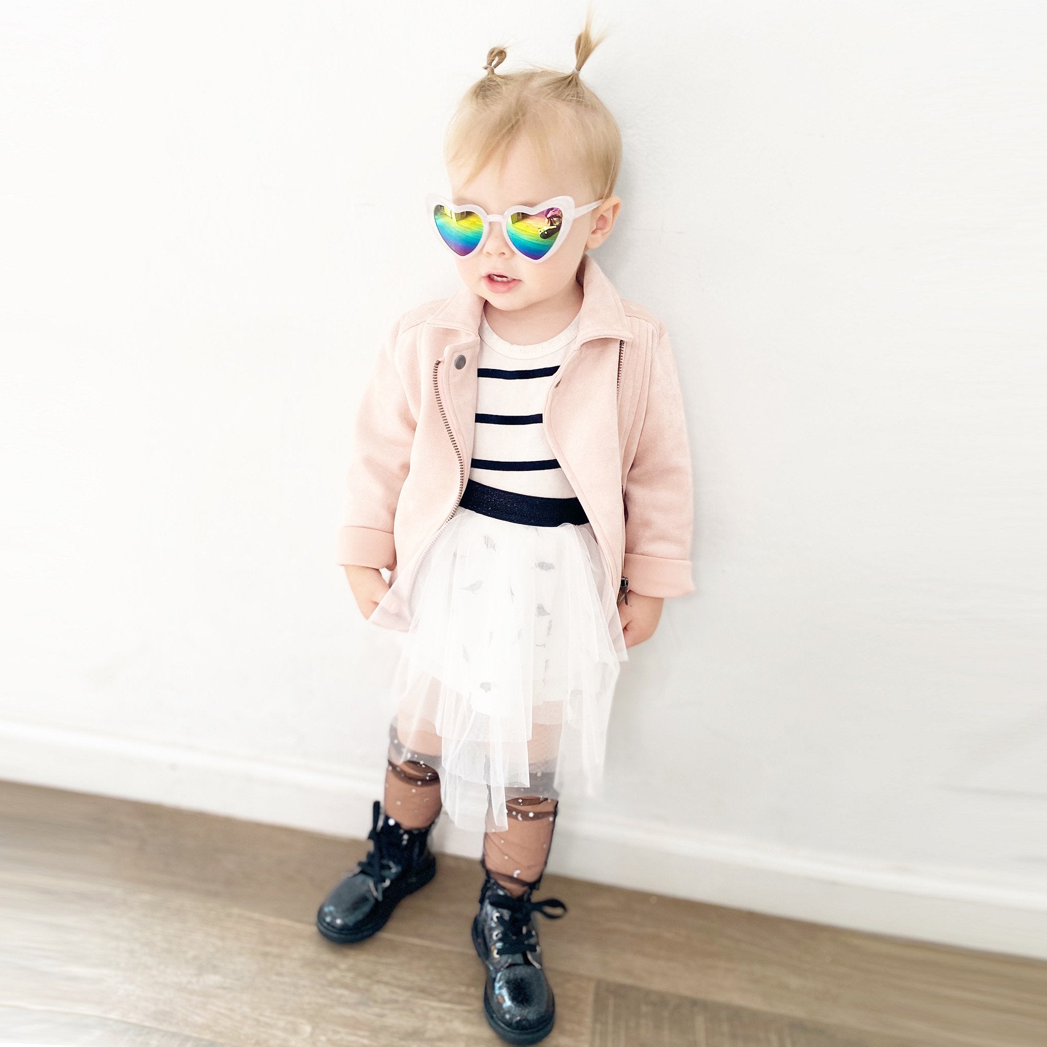Tan Metis Maia tutu for kids and babies, featuring soft pink tulle with decorative birdie embellishments, perfect for special occasions.