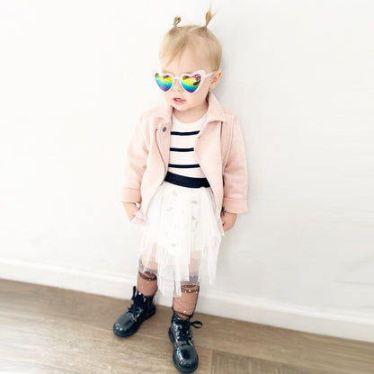 Tan Metis Maia tutu for kids and babies, featuring soft pink tulle with decorative birdie embellishments, perfect for special occasions.