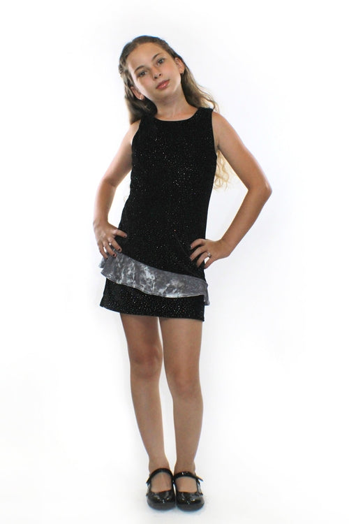 Kids &amp; Babies Luna glitter velvet dress by Sky Blue Beech, featuring a shiny, soft velvet fabric with glitter accents.