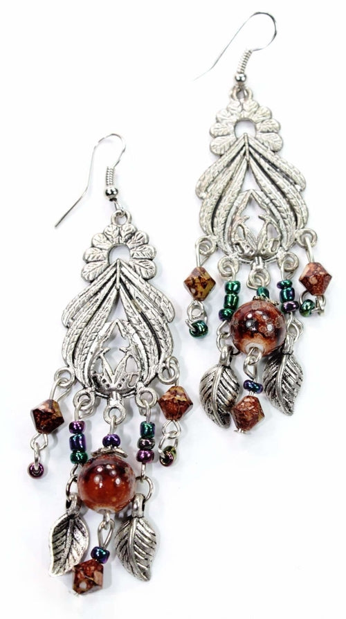 Silver Hestia Bohemian Queen Marbled Bead Earrings featuring colorful marbled beads and silver hooks on white background