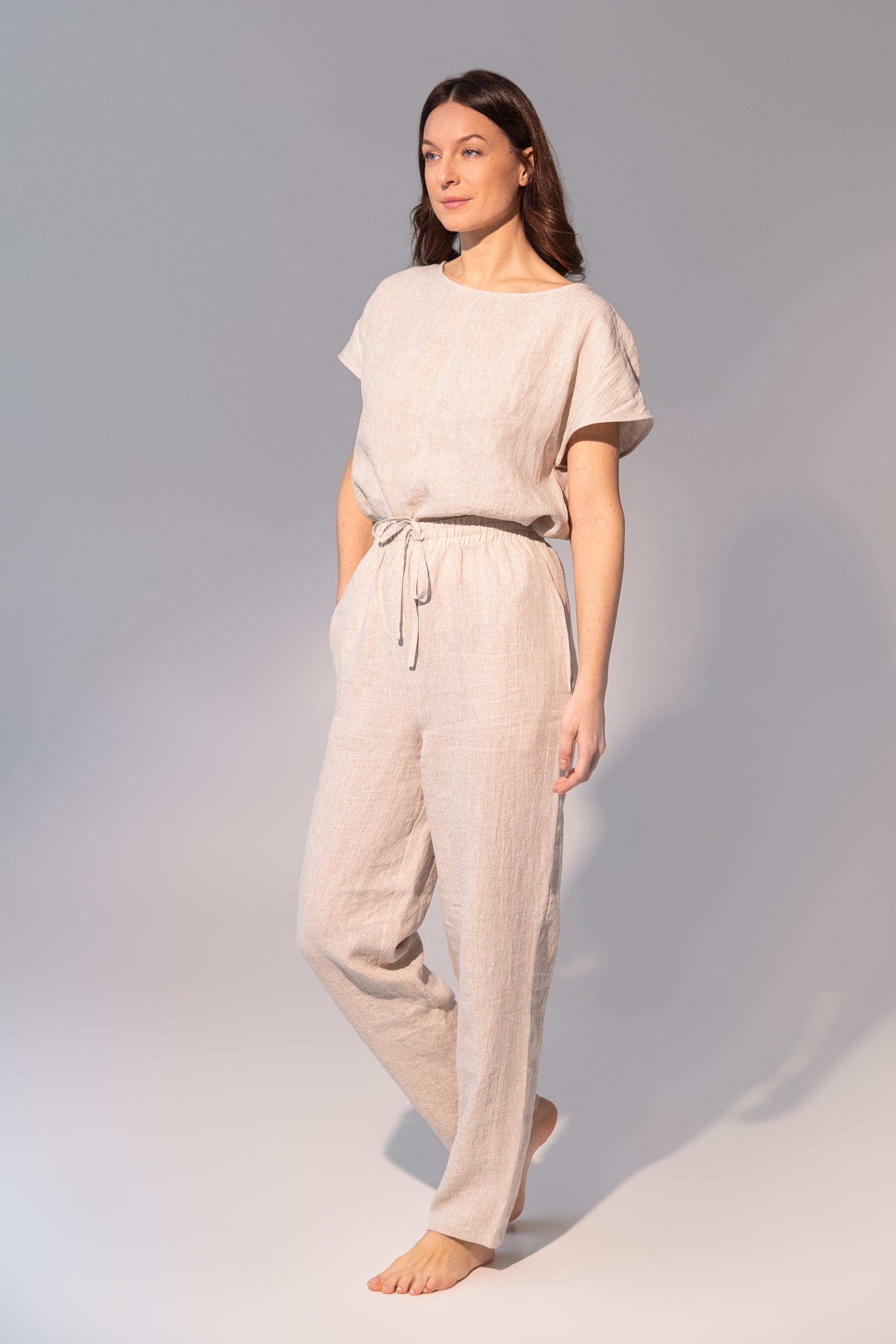 Natural light linen pajama set from Magenta Sugarplum, soft linen loungewear and sleepwear in a relaxed fit.