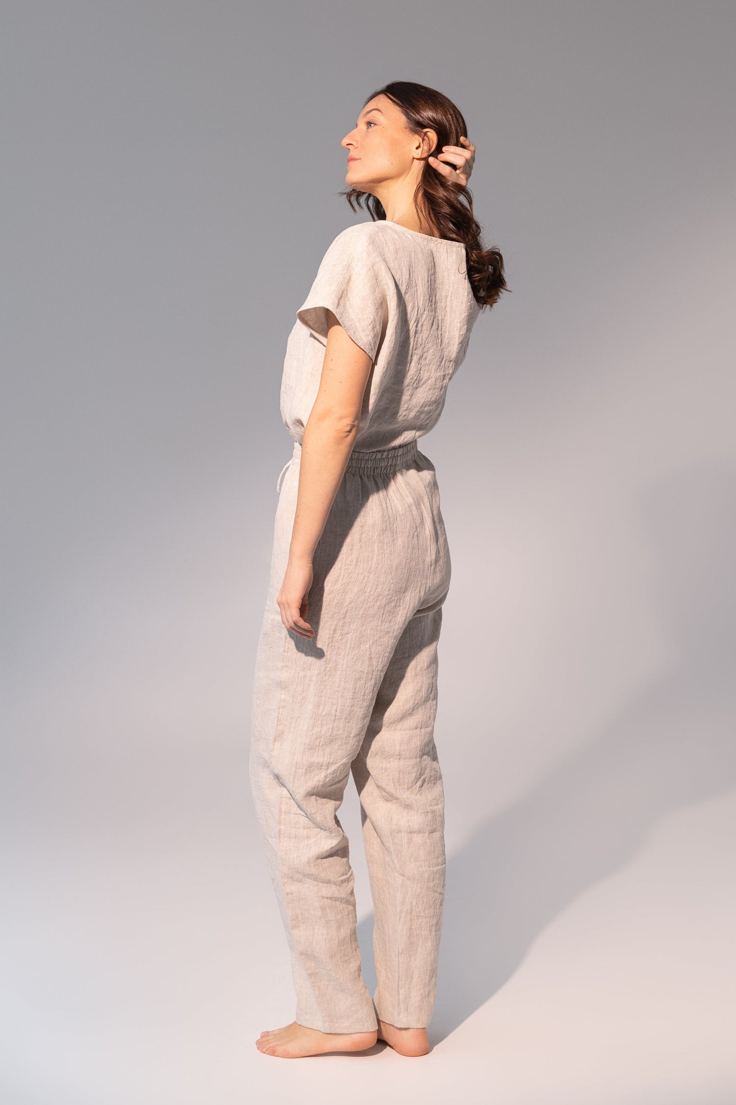 Dark grey and natural linen striped pajama set by Magenta Sugarplum, soft linen sleepwear for comfortable lounging and sleep.