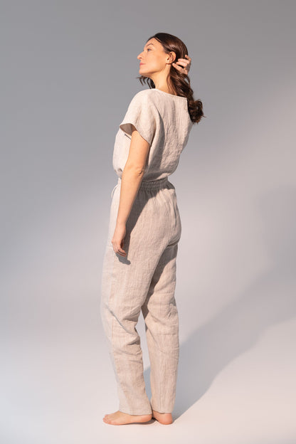 Natural light linen pajama set by Magenta Sugarplum, soft linen loungewear for comfortable sleep and relaxation.