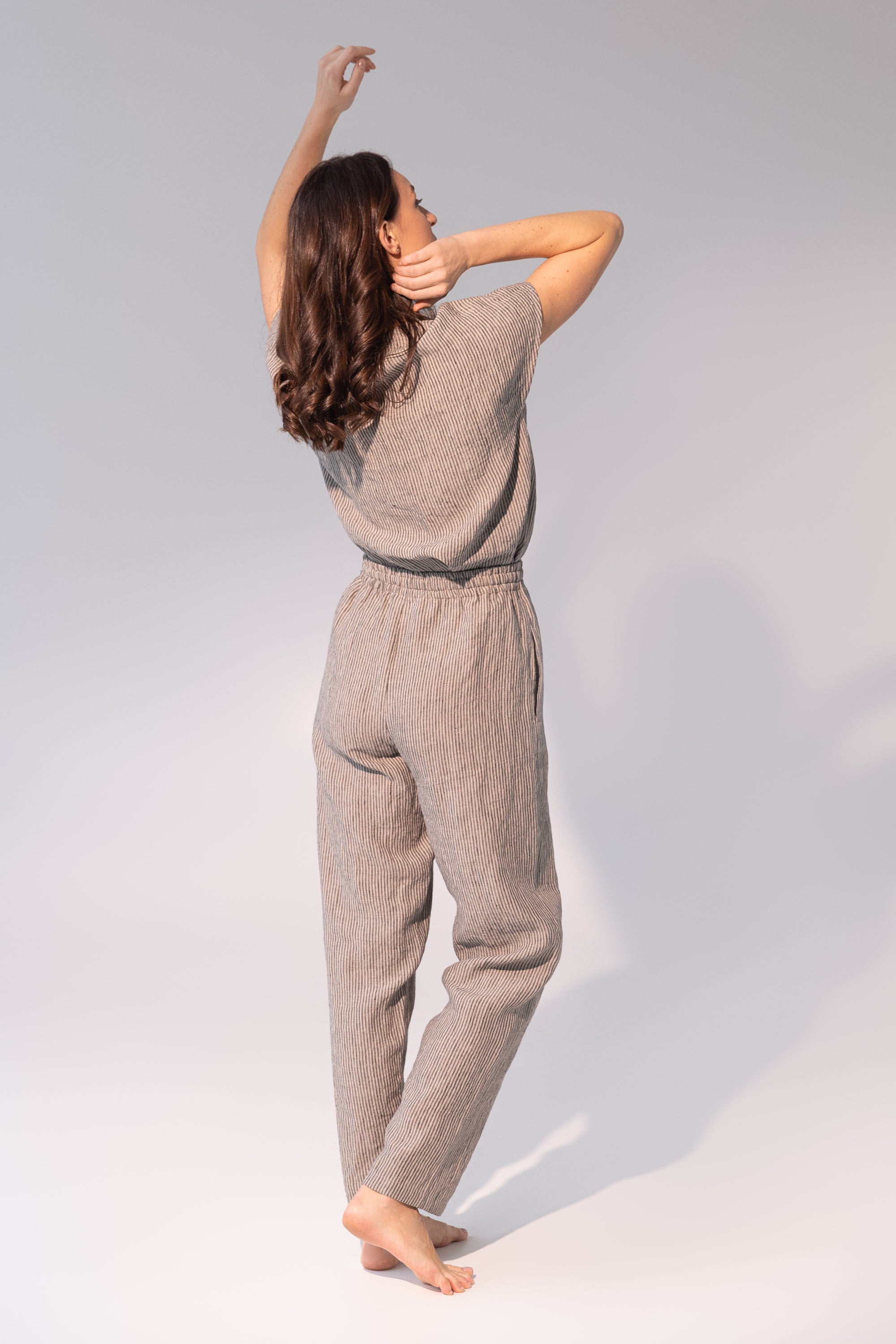 Striped dark grey and natural linen pajama set by Magenta Sugarplum, soft linen sleepwear with comfortable loungewear fit.