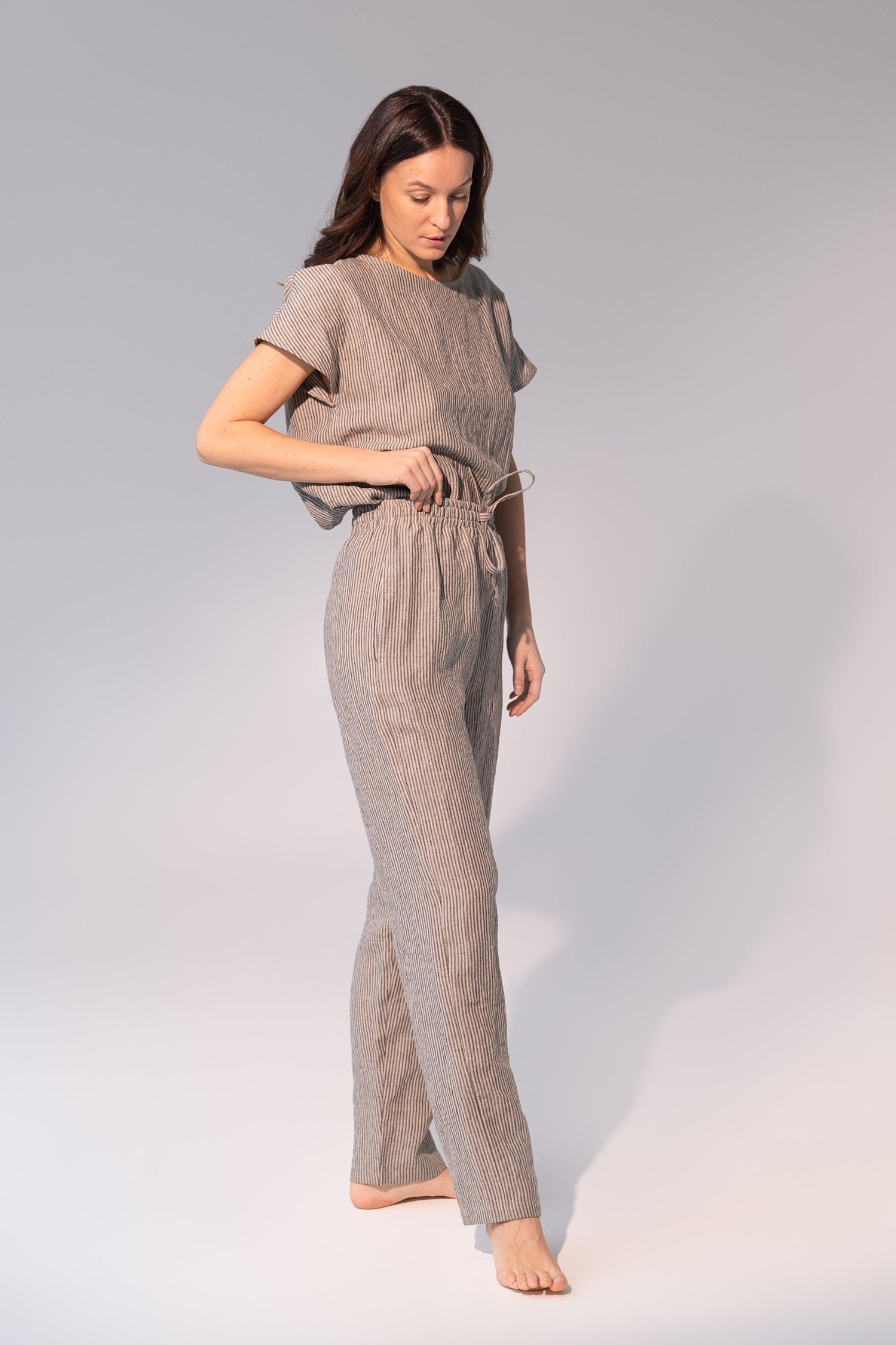 Dark grey and natural linen striped pajama set by Magenta Sugarplum, soft linen sleepwear for comfortable lounging and sleeping.