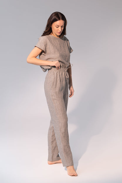 Dark grey and natural linen striped pajama set by Magenta Sugarplum, soft linen sleepwear for comfortable lounging and sleeping.