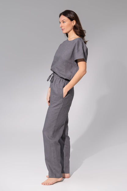 Striped dark grey and natural linen pajama set by Magenta Sugarplum, soft linen loungewear with a relaxed fit.