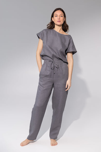 Striped dark grey and natural linen pajama set by Magenta Sugarplum, comfortable linen sleepwear with a relaxed fit.