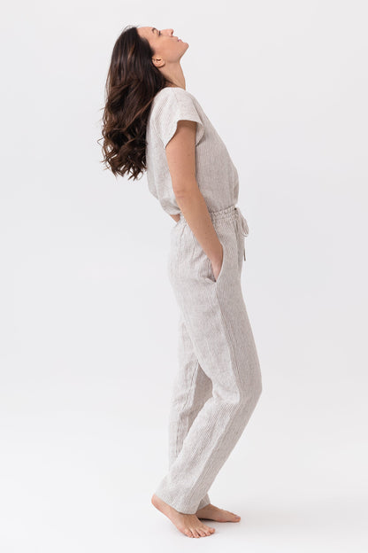 Cloudy grey and natural linen striped pajama set by Magenta Sugarplum, soft linen sleepwear for comfortable loungewear.