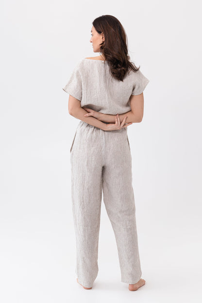 Striped beige linen pajama set from Magenta Sugarplum, soft linen loungewear with a relaxed fit and natural beige and white stripes.