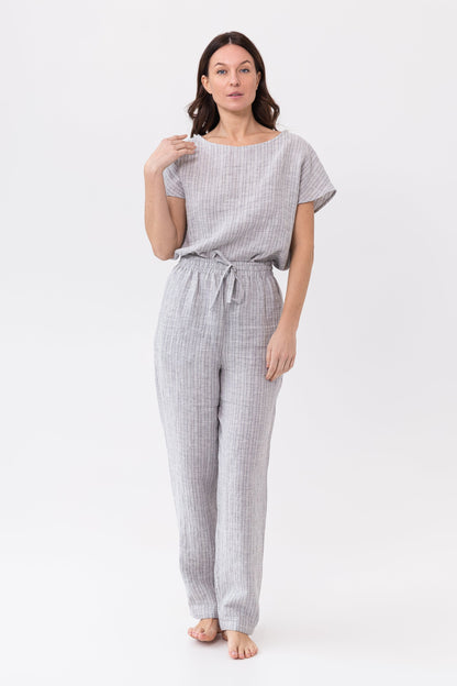 Cloudy grey stripe linen pajama set by Magenta Sugarplum, comfortable linen sleepwear with natural and grey striped design.