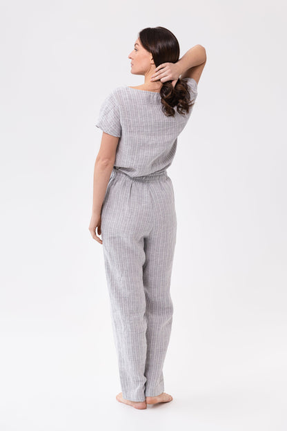 Cloudy grey and natural striped linen pajama set from Magenta Sugarplum, soft linen sleepwear with a relaxed fit.