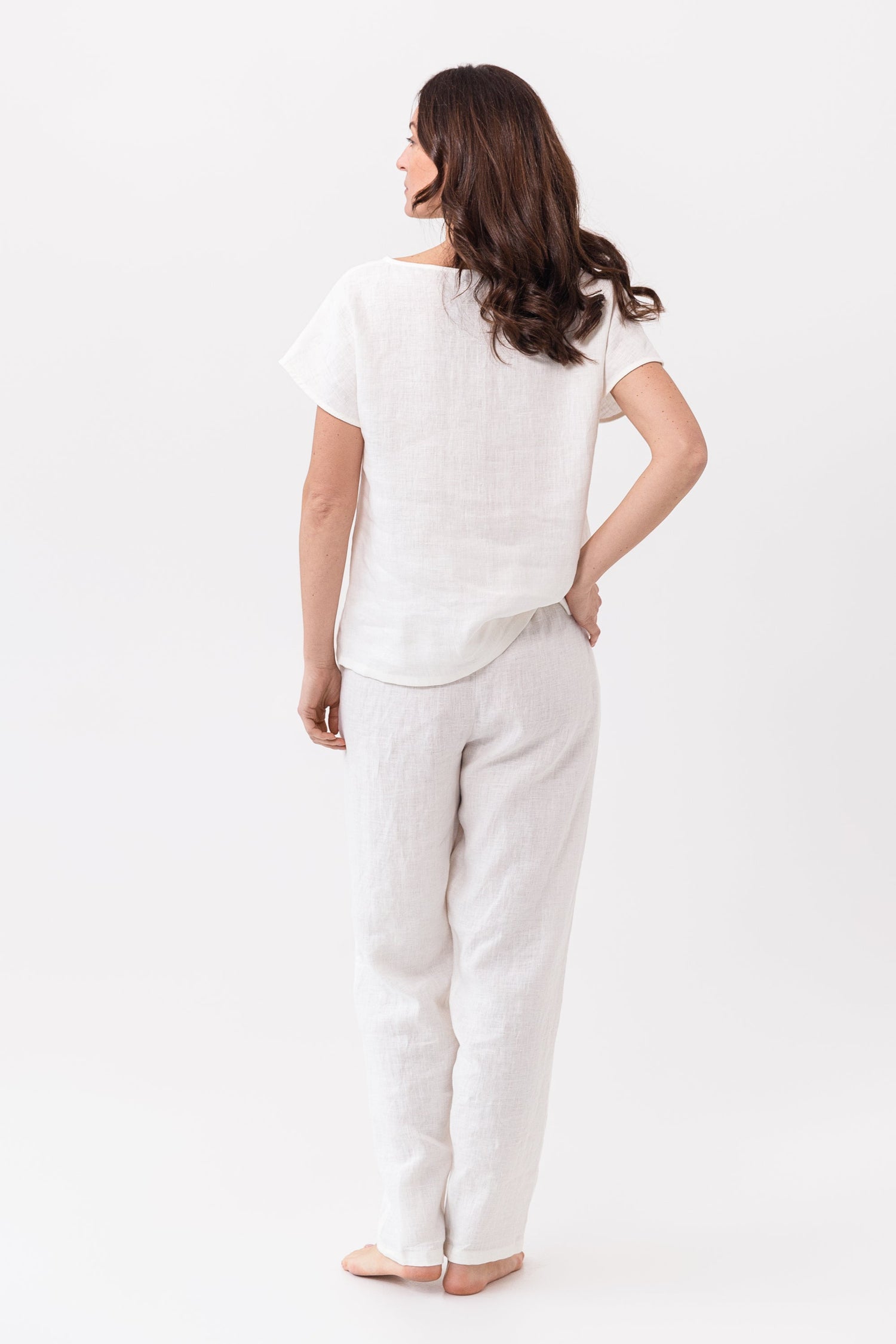 Striped dark grey and natural linen pajama set by Magenta Sugarplum, comfortable linen sleepwear for relaxing nights.