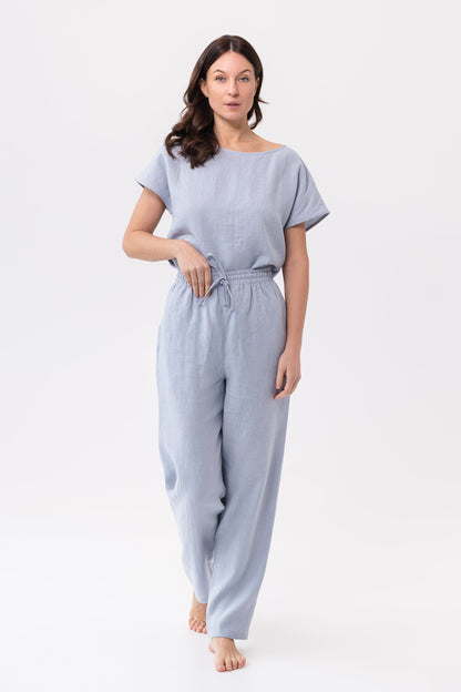 Natural light linen pajama set from Magenta Sugarplum, soft linen sleepwear for comfortable loungewear and bedtime.