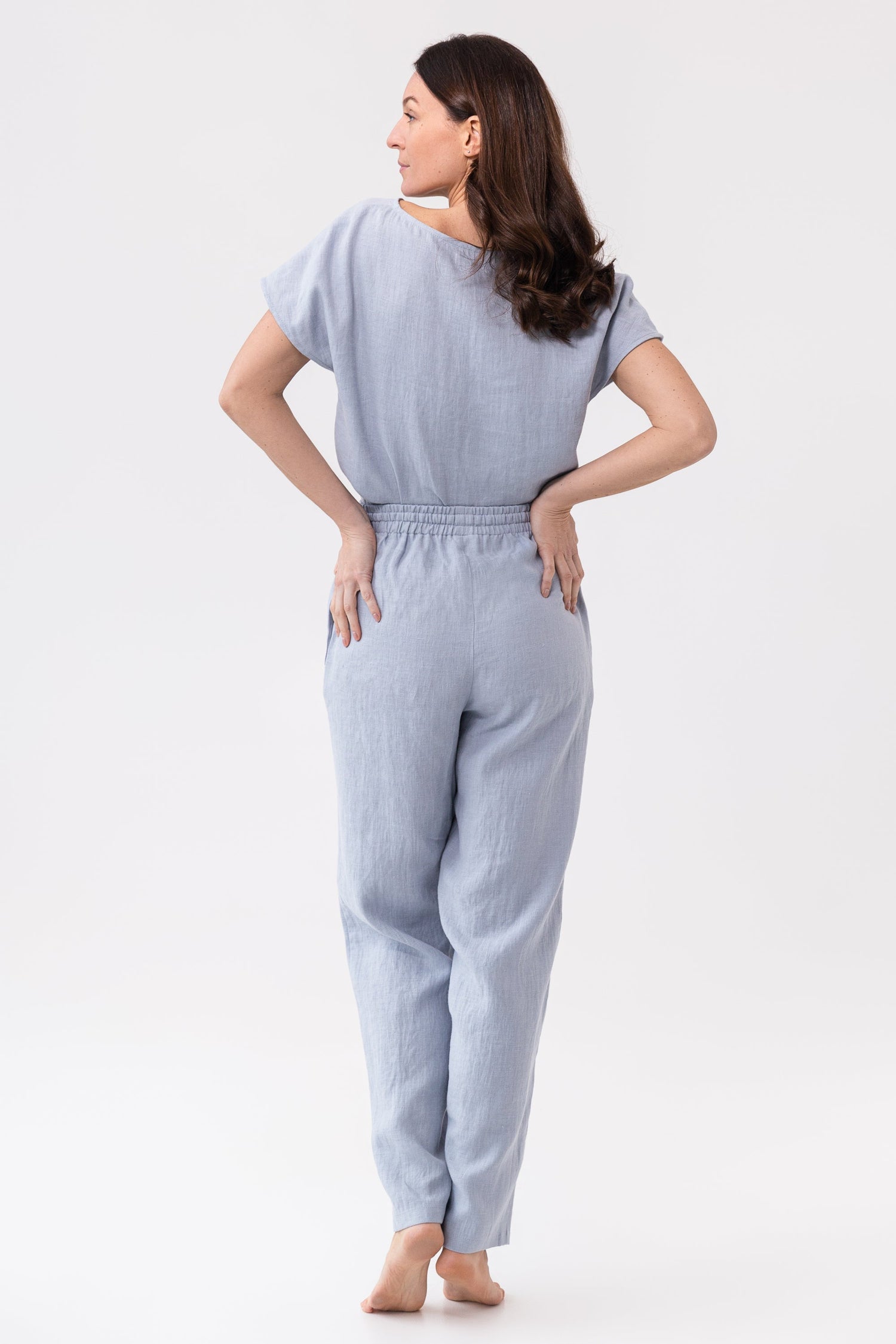 Cloudy grey and natural linen striped pajama set by Magenta Sugarplum, soft linen sleepwear with relaxed fit and comfortable design.