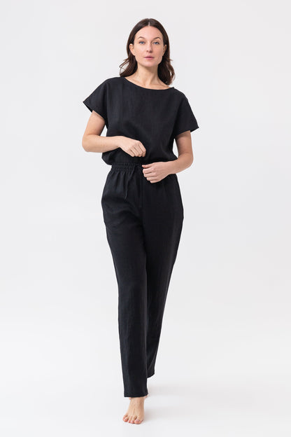 Striped dark grey and natural linen pajama set by Magenta Sugarplum, comfortable linen sleepwear for relaxed evenings.