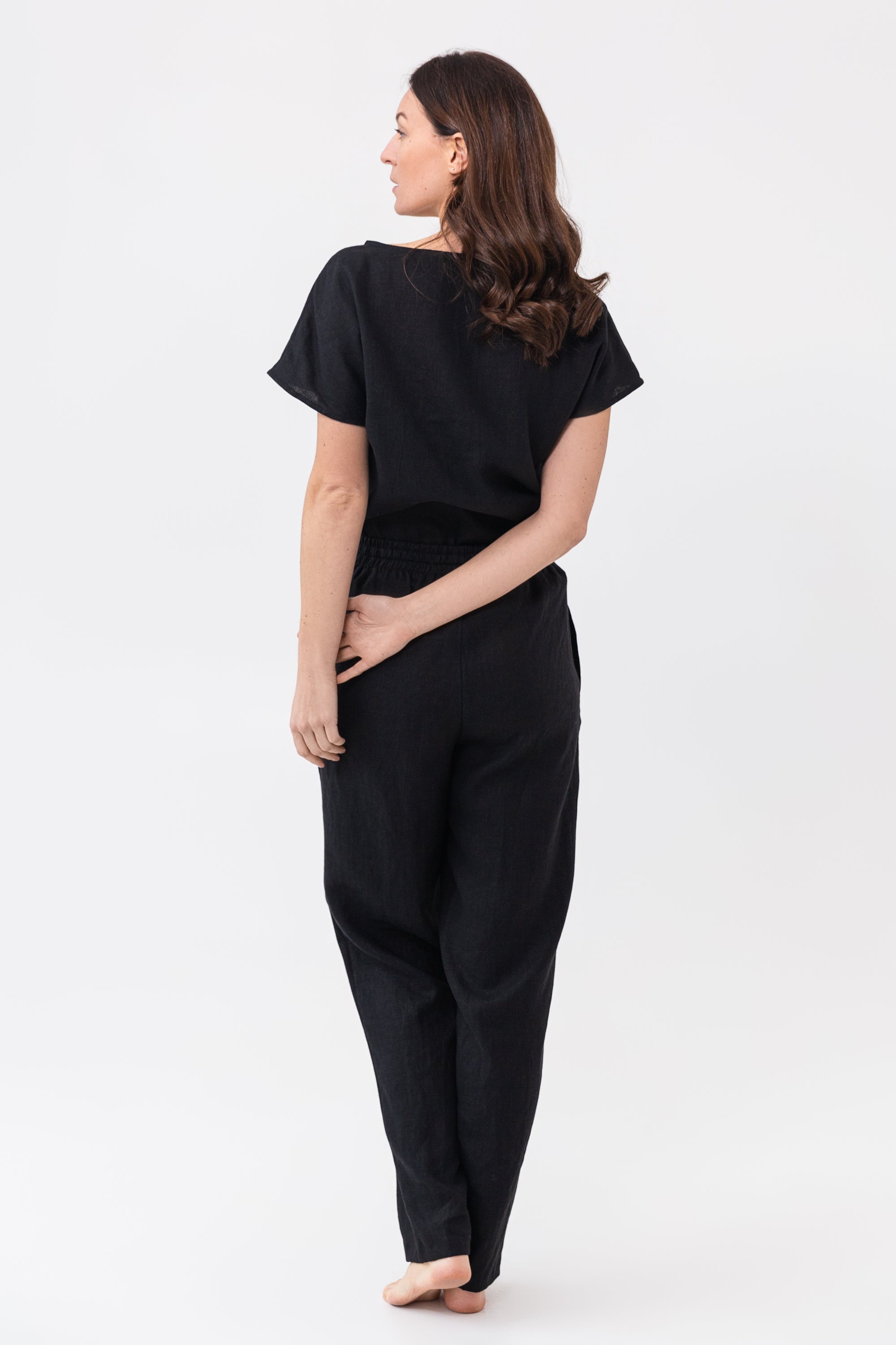 Dark grey and natural linen striped pajama set by Magenta Sugarplum, soft linen sleepwear with a relaxed fit and comfortable design.