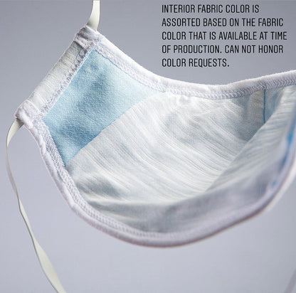 White overhead face mask with filter pocket by Maroon Niobe, featuring adjustable straps and breathable fabric for healthcare use.