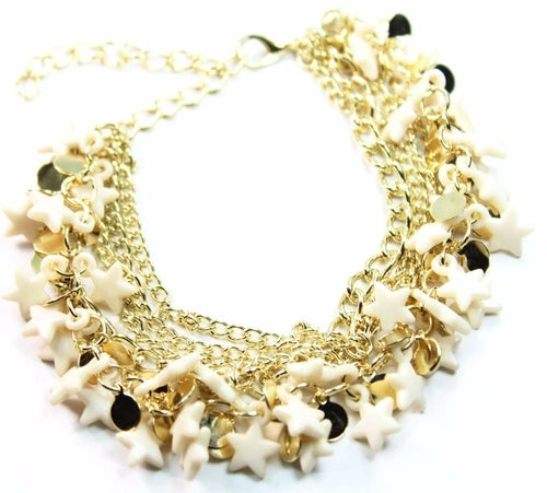Silver Hestia three-tier star charm bracelet with layered silver chains and star pendants on a white background.