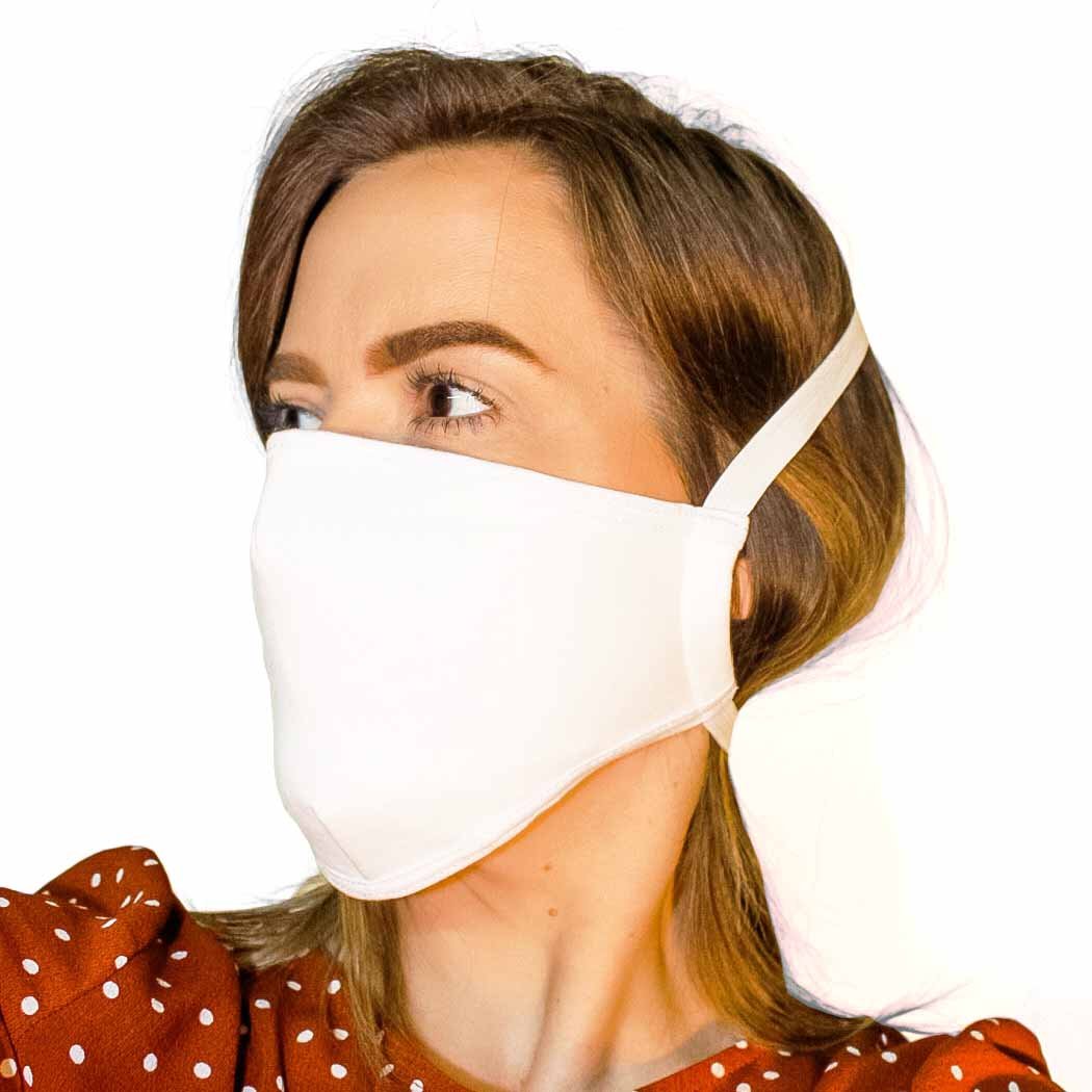 White overhead face mask with filter pocket by Maroon Niobe, healthcare mask made in the USA, shown on a plain background.