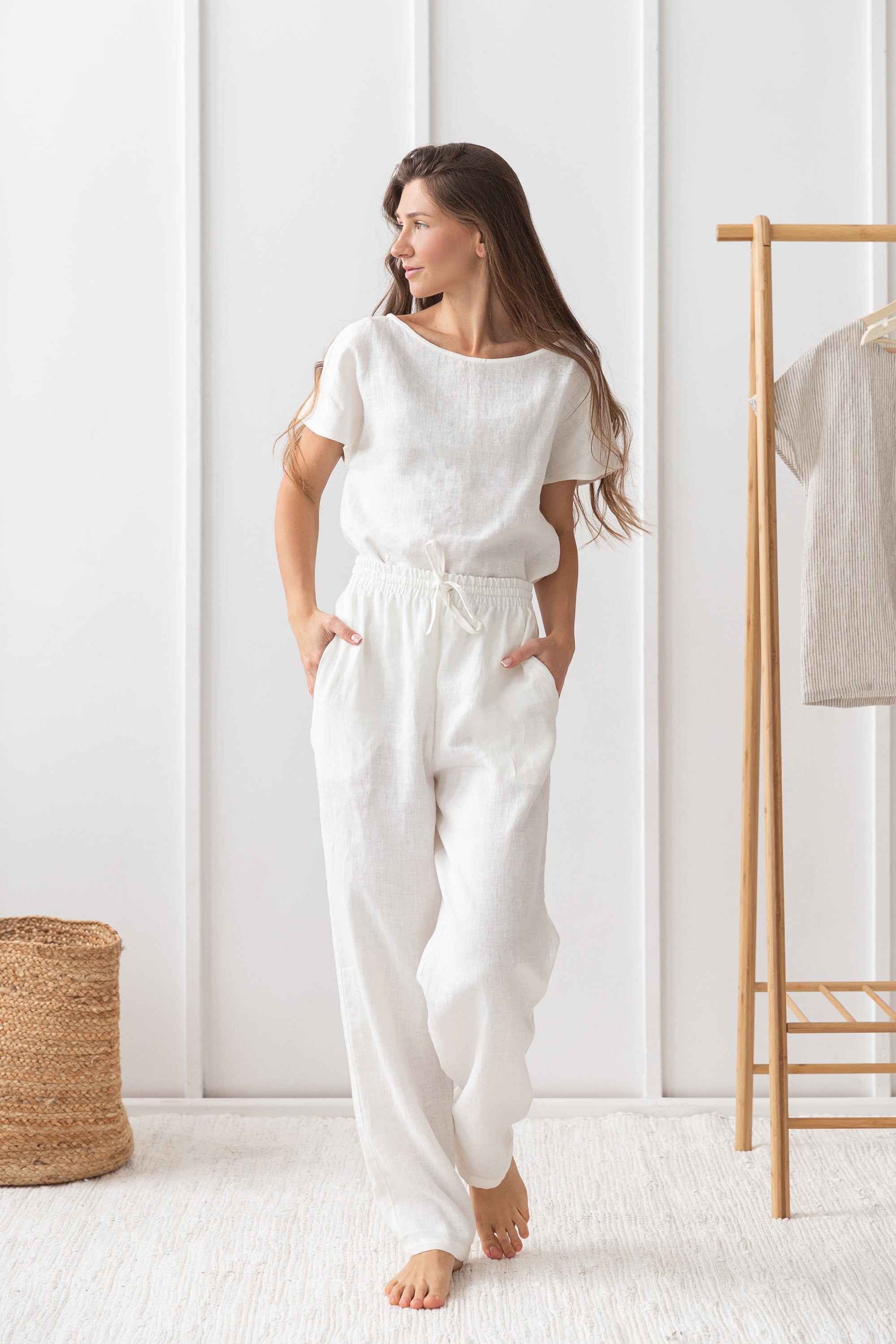 White linen pajama set by Magenta Sugarplum featuring relaxed loungewear with a comfortable, breathable design.