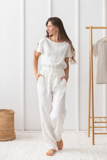 White linen pajama set by Magenta Sugarplum featuring relaxed loungewear with a comfortable, breathable design.