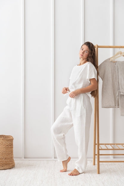 White linen pajama set by Magenta Sugarplum featuring natural linen fabric and relaxed sleepwear style.
