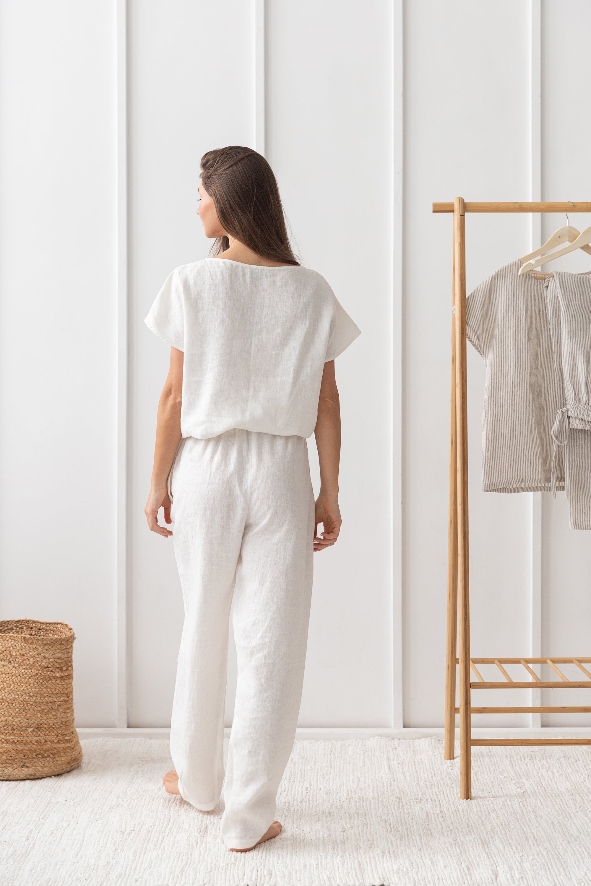 Cloudy grey and natural linen striped pajama set by Magenta Sugarplum, soft linen sleepwear, relaxed fit for comfortable loungewear.