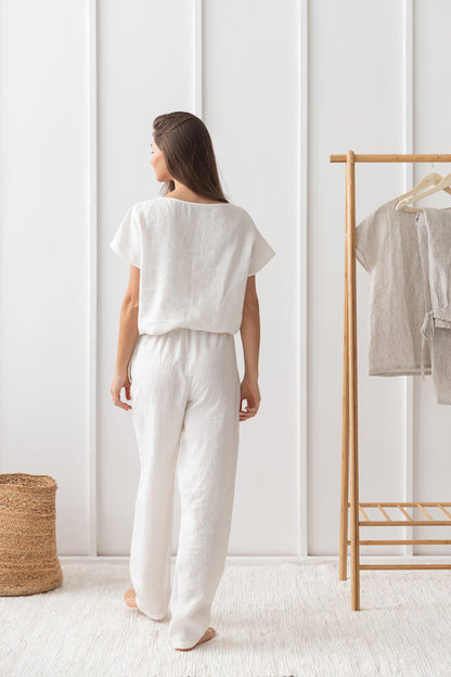 Cloudy grey and natural linen striped pajama set by Magenta Sugarplum, soft linen sleepwear, relaxed fit for comfortable loungewear.