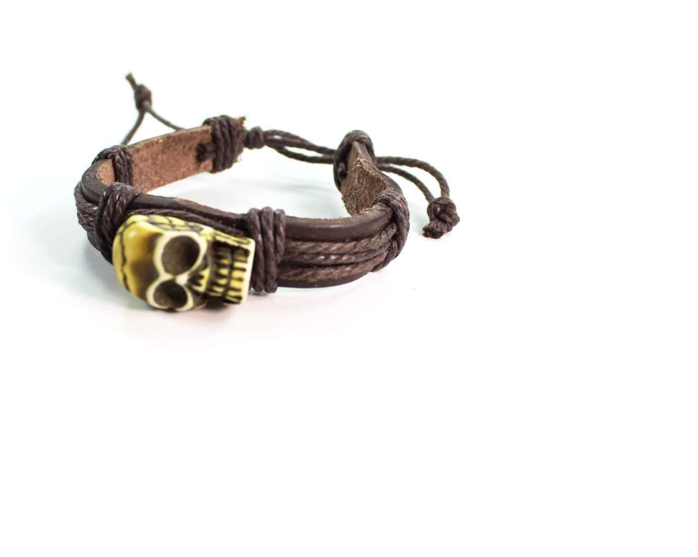 Silver Hestia skull leather bracelet featuring a detailed skull charm and black leather band for a edgy, stylish accessory.