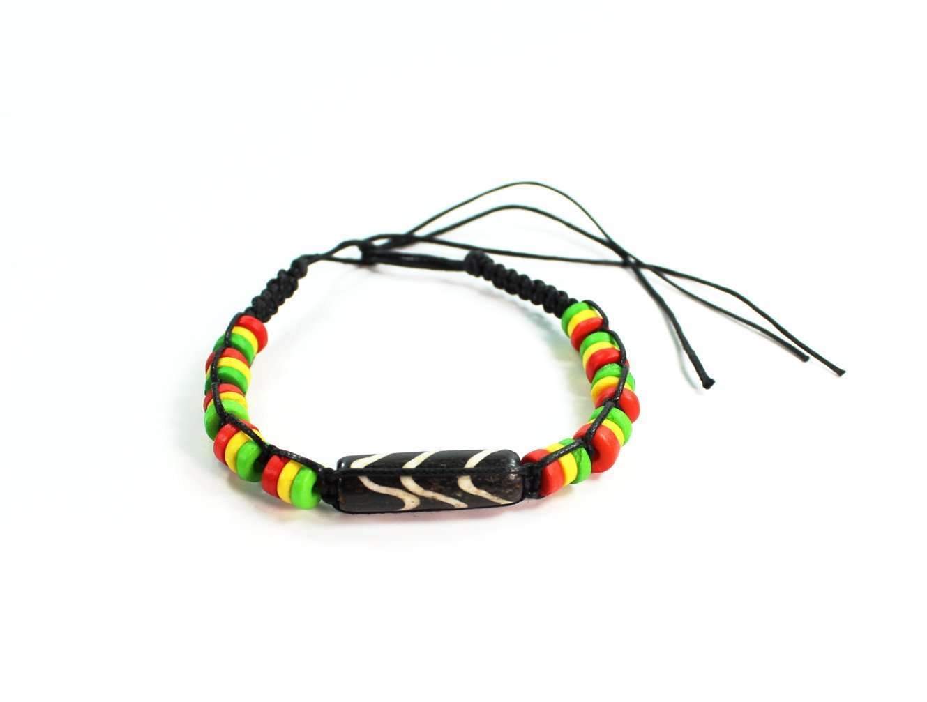 Silver Hestia chevron pattern and Rasta vibes friendship bracelet with colorful beads and adjustable cord.