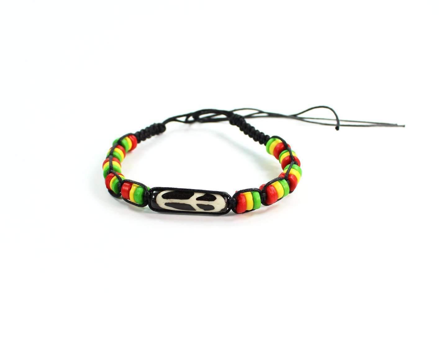 Silver Hestia Peace &amp; Rasta Vibes friendship macrame bracelet featuring colorful woven threads and silver accents.