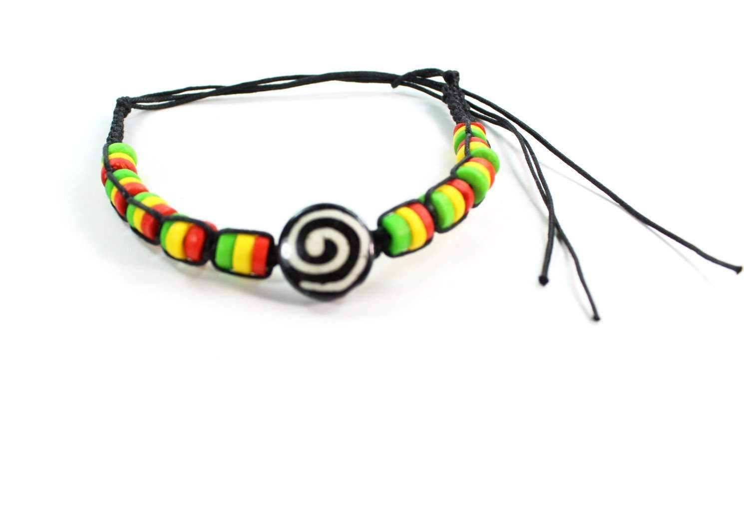 Colorful spiral and Rasta vibes friendship bracelet by Silver Hestia with vibrant bead accents and woven cord design.