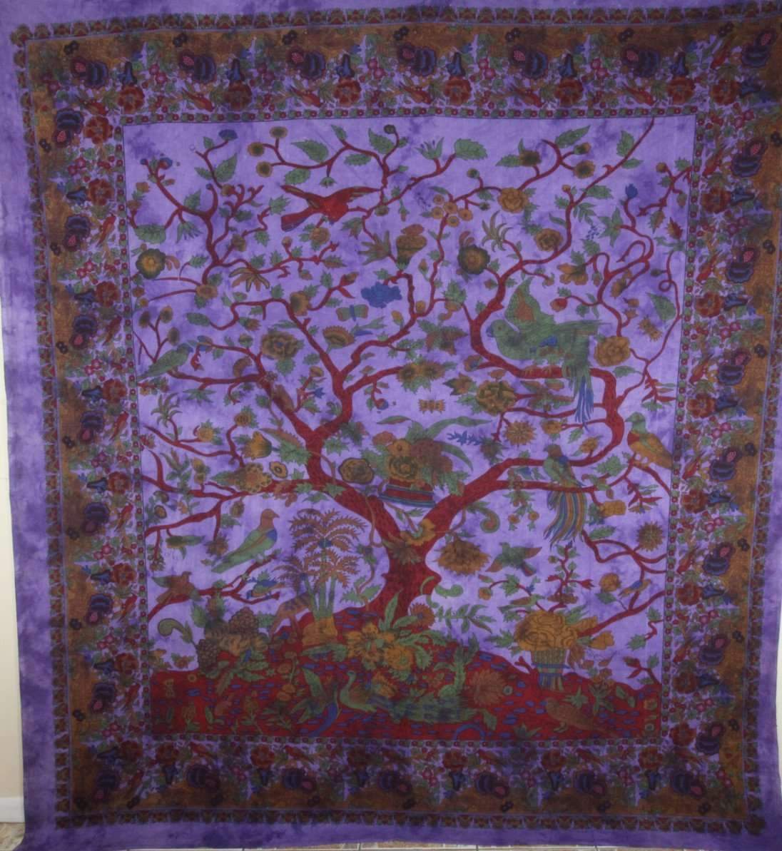 Violet Tree of Life Birds tapestry by Silver Hestia, vibrant home decor with intricate bird and tree design on fabric.