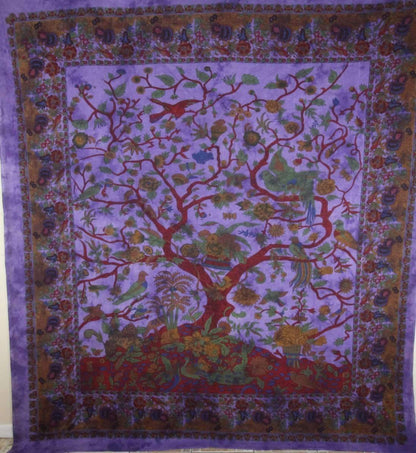 Violet Tree of Life Birds tapestry by Silver Hestia, vibrant home decor with intricate bird and tree design on fabric.